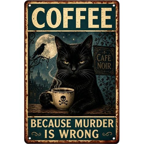 Affiche Decoration Murale Vintage Chat Noir Café, Plaque Métal Humoristique 30 x 20 cm, Décoration Cuisine Avec 4 Adhésifs, Affiche Vintage Pour Cuisine Bar Café Restaurant Maison Décoration Murale (1/5)