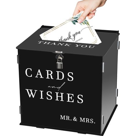 Boîte à cartes de mariage avec serrure, boîte aux lettres de mariage avec fente large, boîte cadeau pour mariage, anniversaire, fête prénatale, anniversaire (noir) (1/5)