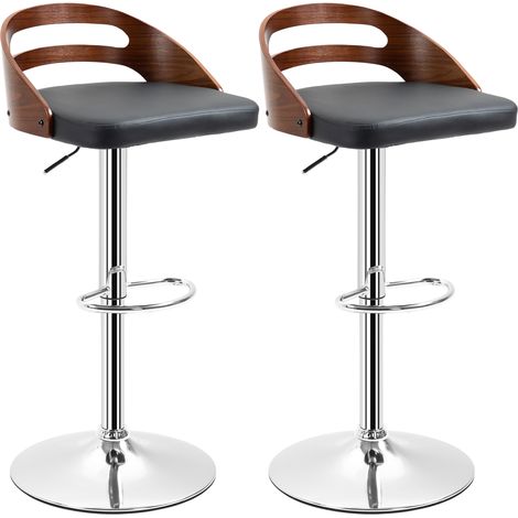 Set aus 2 drehbaren Barhockern mit 360° verstellbarer Höhe, schwarzem Kunstlederbezug, durchbrochener Rückenlehne in Holzoptik, modernem Design