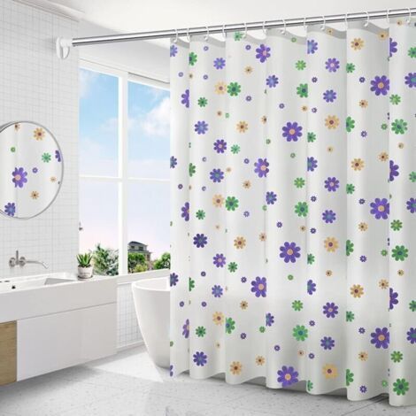 Green Waterproof Shower Curtain 180x200 cm Violet Floral Pattern, Anti-Mildew, With 12 Rings Included (1/5)
