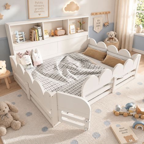 Lit enfant au sol 140x190 cm en bois avec barrières et porte, tête de lit avec étagères, sommier à lattes inclus, blanc, sans matelas (1/5)