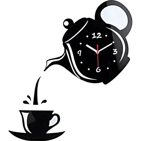 Murale 3D, Pendule Murales pour Cafés, Autocollant Miroir 3D Home Decor Horloge Murale Silencieuse (Pas De Batterie)Noir (1/4)