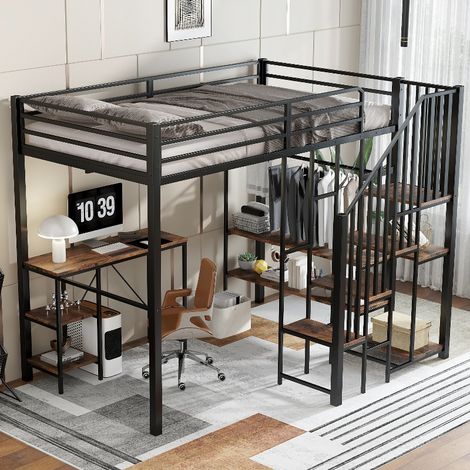 Hochbett 120x200 cm mit Schreibtisch und Kleiderschrank, Etagenbett aus Metall mit Treppenregal und Stauraum, Schwarz und Vintage-Holz (1/5)