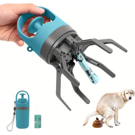 Ramasse-crottes portable bleue pour chiens, dotée de six griffes pour faciliter les promenades et éviter les salissures. (1/5)