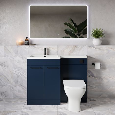 Napoli 390 Deep Blue 1100mm 2 Door Vanity Unit Toilet Suite with Square Left Hand Lucia Basin - 1100mm - Matt Black 160mm HandleWith Kingston Toilet Pan and Seat