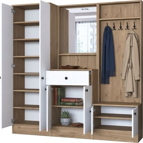 Mueble de Entrada Elmas, Espejo Incluido, Perchero, 11 Estantes, 179x36x183h cm Blanco