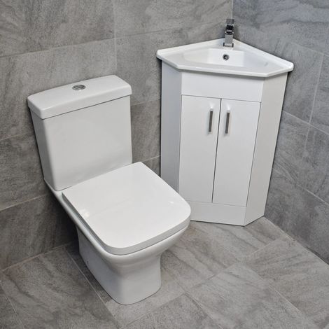 Corner Vanity Unit 2 Door Cloakroom with Sindee Rimless Short Projection Toilet, With tap