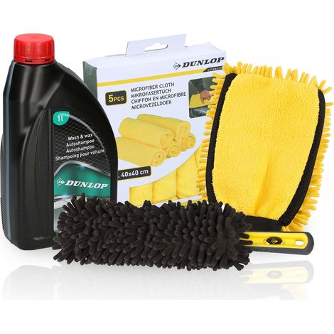 Dunlop Pack Entretien Auto 4-en-1 – Shampooing Lavant & Cirant 1L, Gant Double Face, Brosse à Jantes & 5 Microfibres (1/5)
