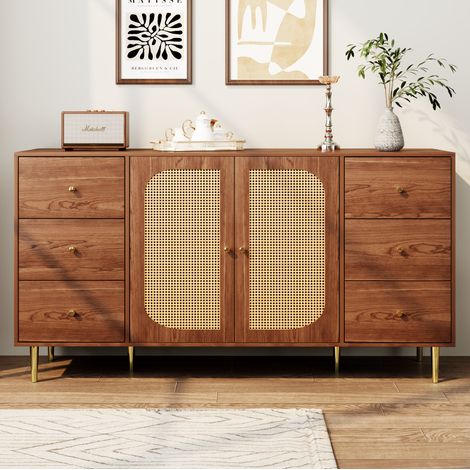 Credenza contenitore 160 x 40 x 90 cm con 6 cassetti e 2 ante in MDF effetto rattan marrone DESVIAE (1/5)