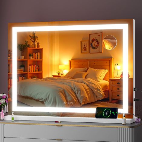 Miroir de beauté avec lumières, 80 x 55 cm Miroir de Maquillage LED avec grossissement 10x et 3 températures de Couleur, Miroir de Table à Commande Tactile, Rotation à 360°, carré Blanc (1/5)