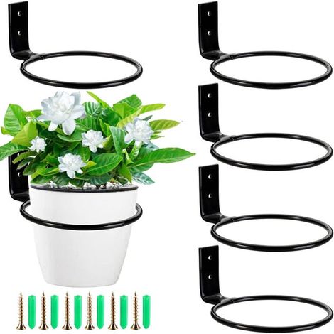 Soporte de pared para macetas, aro metálico de 10 cm con tornillos, ganchos para macetas, juego de 6 piezas (1/4)