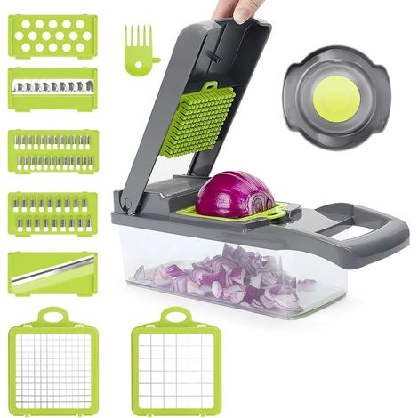 Cortador de verduras Cortador de frutas, 12 en 1 Pelador de cocina de acero inoxidable, Cortador de patatas con cuchillas, Cortador de cebolla/Molinillo/Cortador/Pelador para frutas y verduras (1/5)