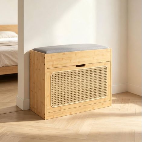 Banco zapatero de bambú con cojín y puerta de ratán PE 63x29x48 cm OKWISH (1/5)
