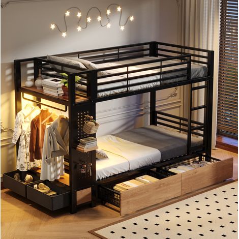 Letto a castello 90x200 cm con LED, 2 cassetti, contenitore, appendiabiti, metallo MDF - nero (1/5)