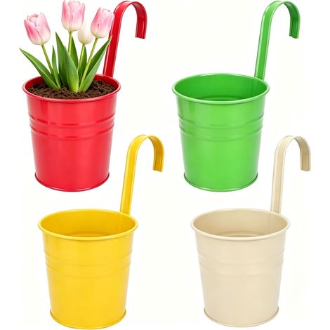 Lot de 4 pots de fleurs suspendus avec trou de drainage, pot de fleurs en métal avec crochet amovible, pots suspendus pour plantes, style vintage, décoration, balcon, jardin, mur, clôture (1/5)