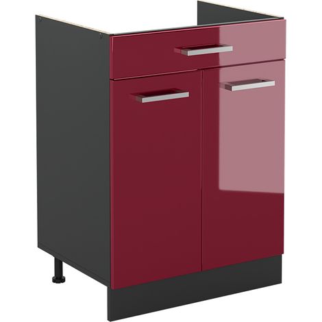 Mueble bajo de cocina R-Line, Rojo de alto brillo/Antracita, 60 cm con cajón sin encimera, Vicco
