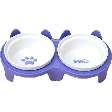 Gamelles en céramique pour chat, double gamelle pour nourriture et eau, gamelles surélevées en céramique avec support en plastique violet (1/5)
