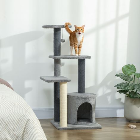 Kratzbaum 103 cm Katzenbaum mit Katzenhöhle, Plattformen, Sisal-Kratzsäulen, Plüschball für Katzen bis 5 kg, Grau