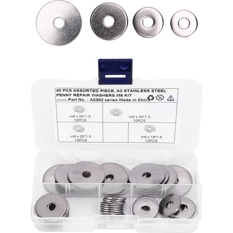 Ensemble de 40 rondelles de garde-boue, 4 tailles, rondelles de garde-boue universelles M6 en acier inoxydable 304, adaptées aux automobiles et aux navires. (1/5)