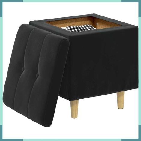 Pouf de rangement - 876814 - Velours noir - 40 x 40 x 45 cm - Coffre avec coussin capitonné (1/5)