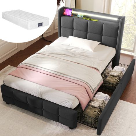 Letto imbottito con funzione di ricarica USB, testiera, illuminazione a LED e 2 cassetti letto singolo 90x200 cm struttura letto con contenitore rete a doghe in legno grigio (con materasso)