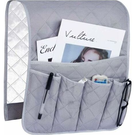 Organisateur d'accoudoir de canapé et fauteuil, housse de protection avec poches suspendues antidérapantes pour téléphone, livres, télécommande, gain de place, gris (1/5)