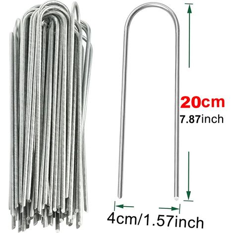 (4 x 20 cm, 100 pièces) Agrafes de jardin en U, piquets robustes pour clôtures tubulaires, ancrages à gazon galvanisés, clous de jardin pour maintenir les pelouses et barrières. (1/4)