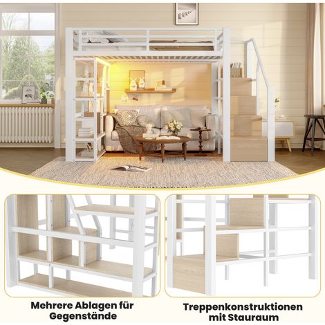 Lit surélevé en métal 140x200, rangement intégré avec échelle et barrière, éclairage LED, marches, espace sous lit, blanc, sans matelas (1/5)