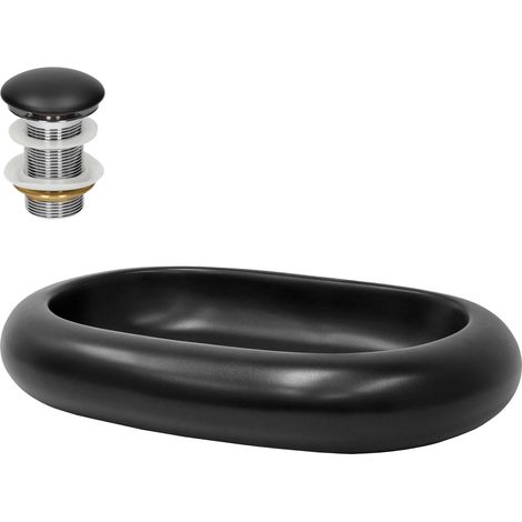 ML-Design Lavabo en Céramique Noir Mat, 65x45x11 cm, avec Garniture de Vidage 1 1/4" Universelle, Design Ovale, Forme de Galet, Vasque á Poser Moderne, Évier Lave-Mains pour Salle de Bain et Toilettes (1/5)