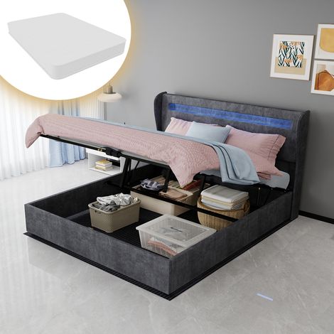 Lit capitonné moderne et minimaliste avec tête de lit souple à éclairage LED intégré, 160 x 200 cm, gris, meuble de chambre multifonctionnel, sommier coffre haut avec vérin à gaz, matelas 160 x 200 cm (1/5)