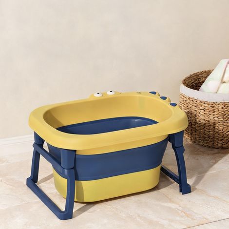 Baignoire pliable bébé PP TPE jaune et bleu siège intégré (1/5)