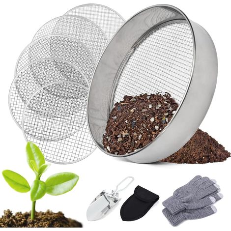 Tamis de Jardin en Acier Inoxydable,5 en1 Tamis Jardin Rond 20 cm,avec 5 Tamis Interchangeables Ø 3,6,9,10,12 mm,Tamis de Jardin Rond,Tamis à Compost pour Terre, Compost, Semences (1/5)
