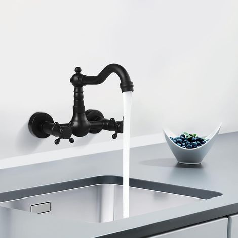 Robinet Mural Lavabo Antique Tenture Murale Baignoire Froid et Chaud Robinet de Cuisine Noir (1/5)