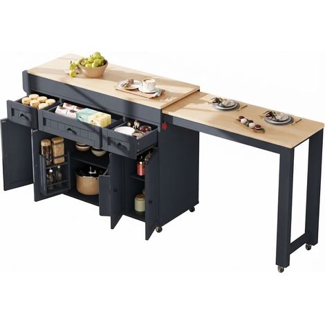 ELVMI Isla de Cocina con Ruedas, 3 Cajones, Estantes Ajustables y Encimera Extensible, MDF, Gris, 137-190.6 x 45.2 x 92 cm (1/5)