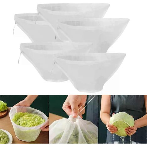 5 Stück Käsetuchbeutel, Lebensmittelsieb, Quetschbeutel aus Netzgewebe zum Kochen, Backen, Entsaften von Gemüse, Abfüllen und Auspressen von Wasser (1/4)