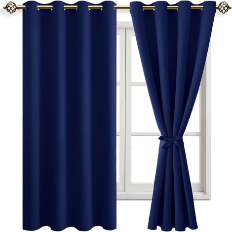 Rideaux Occultants Rideau Thermique Isolant Anti Chaleur Lot de 2 Rideaux à Oeillets Isolation Lumiere Anti UV pour Chambre Maison Salon 132x160cm(LxH Bleu Foncé (1/5)