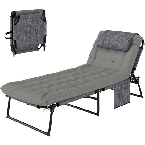Chaise longue pliante et inclinable de jardin avec poche latérale, 68 x 189 x 30 cm, noire et grise