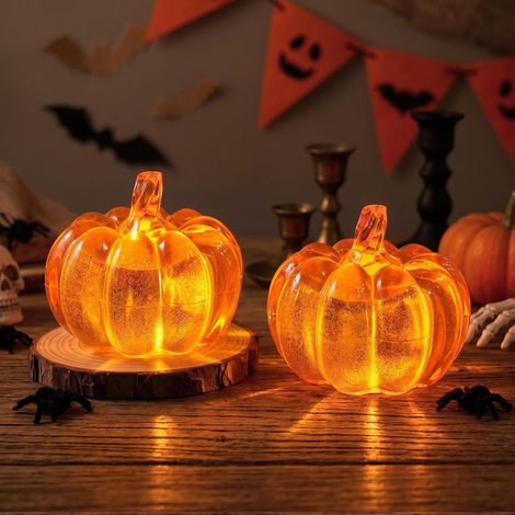 Ulisem - Lampada a forma di zucca di Halloween - Decorazione a forma di zucca in resina arancione (2 pezzi) - Candela a LED a batteria - Luce arancione calda - Senza fili - Adatta per camera da letto (1/5)