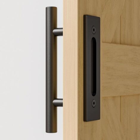 Poignée de porte coulissante barn door 30 cm double face en acier carbone noir givré (1/4)