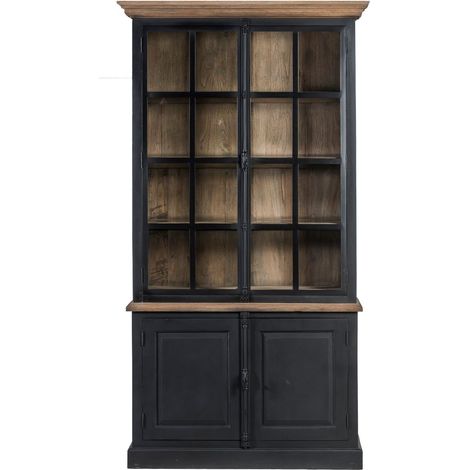 Hellin – Buffet vaisselier en bois massif noir 2 portes vitrées – Dimensions L 130 x P 47 x H 230 cm – 3 étagères pour rangement vaisselle (1/5)