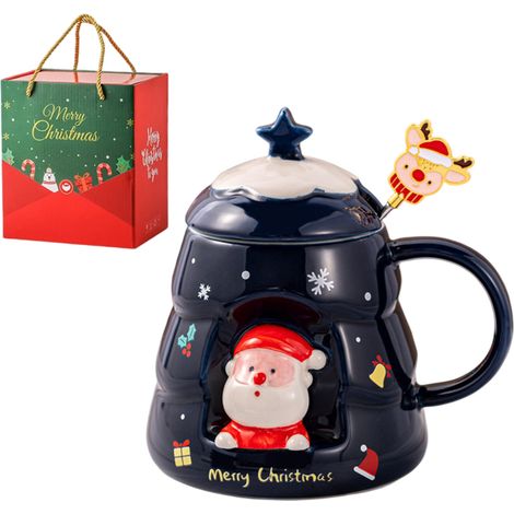 1 tasse de Noël, motif dessin animé, céramique, avec couvercle et cuillère, coffret cadeau (1/5)