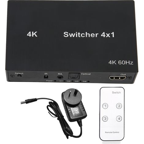 Commutateur HDMI 4Kx2K 4x1 avec contrôle clavier-souris, sélecteur vidéo, télécommande IR, prise AU 100-240V (1/5)