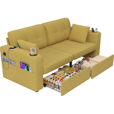 ELVMI Sofá Recto 2 Plazas con Portavasos, Bolsillos Laterales, Cajones De Almacenaje y USB en Chenilla Mostaza (1/5)