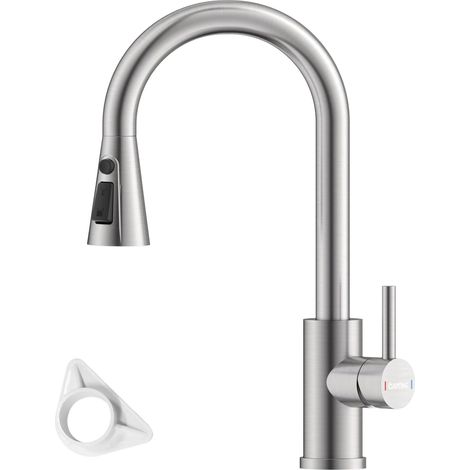 DAYONE Kitchen Mixer Tap with Pull Out Spray, Stainless Steel Sink Taps Mixer for Kitchen Single Lever, High Arc 360° Swivel 3 Spray Modes Kitchen Faucet-Brushed Steel (1/5)