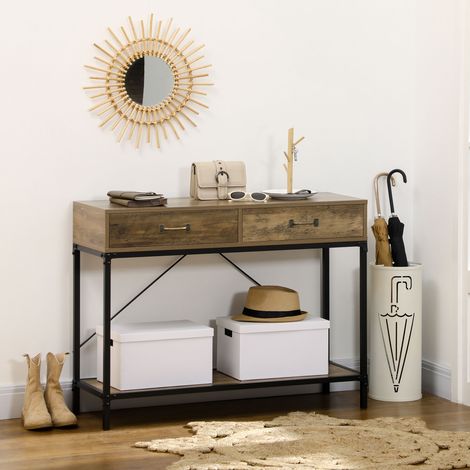 Table console industrielle avec 2 tiroirs et une étagère pour entrée, pieds en métal marron et noir. (1/5)