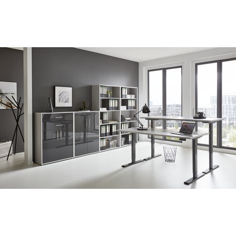 BMG Möbel Büromöbel-Set, e-Office Edition Set 21, Schreibtisch höhenverstellbar, 160 cm, grau/ anthrazit hochglanz
