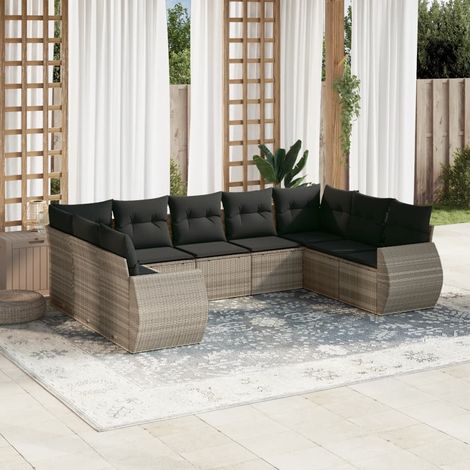 Set muebles jardín 9 pzas y cojines ratán sintético gris claro vidaXL (1/5)
