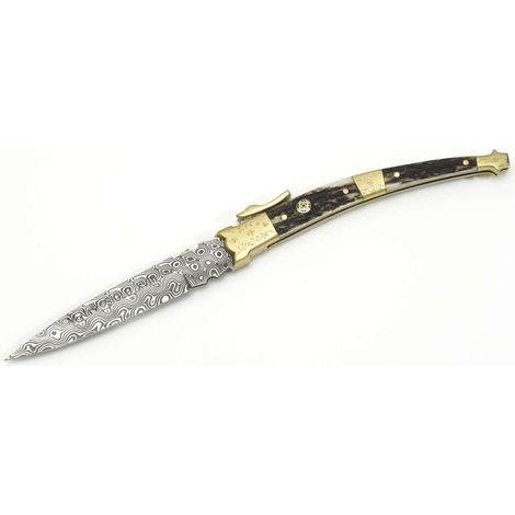 Navaja de colección Muela MB Dam MB-9A.DAM, asta de ciervo y latón, acero damasco inoxidable, hoja de 9 cm, 110 gramos de peso + tarjeta multiusos de regalo