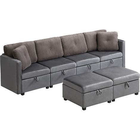 Canapé modulable U 6 places avec rangement, convertible en L ou lit d’appoint, en tissu velouté et tissu côtelé contrasté, pour salon moderne - CHICFURN (1/5)