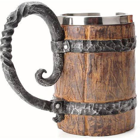 Chope à bière vintage imitation bois style viking médiéval rétro en acier inoxydable 500 ml - Cadeau unique (1/5)